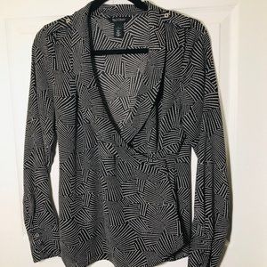WHBM Black and White Faux Wrap Stretch Blouse Size 14